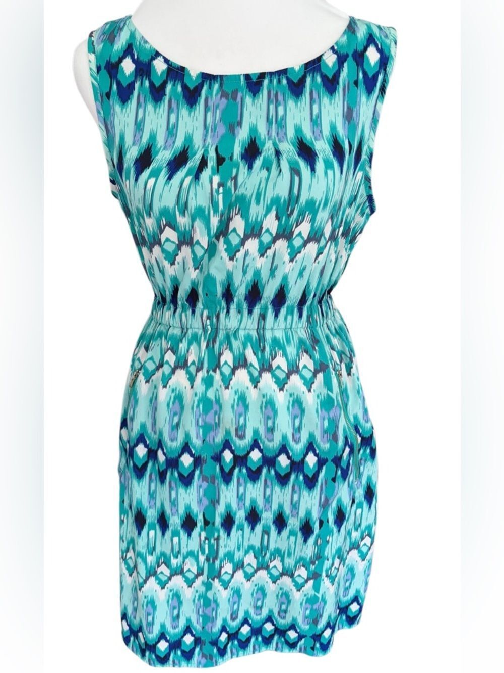 Speed Control Teal & Navy Abstract Print Sleeveless elastic waist dress size S.